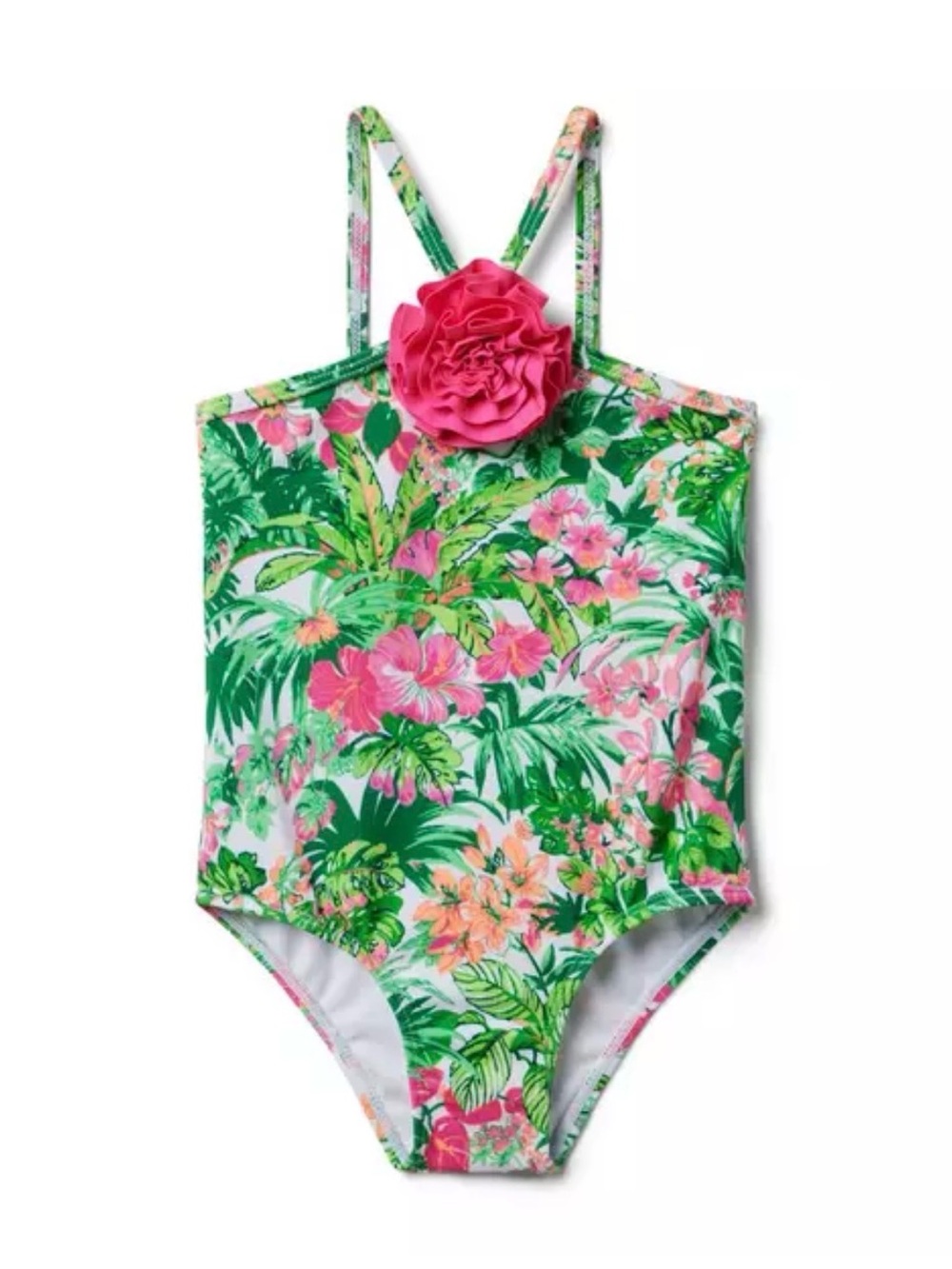 Janie and Jack Green Floral One-Piece Swimsuit with Pink Flower